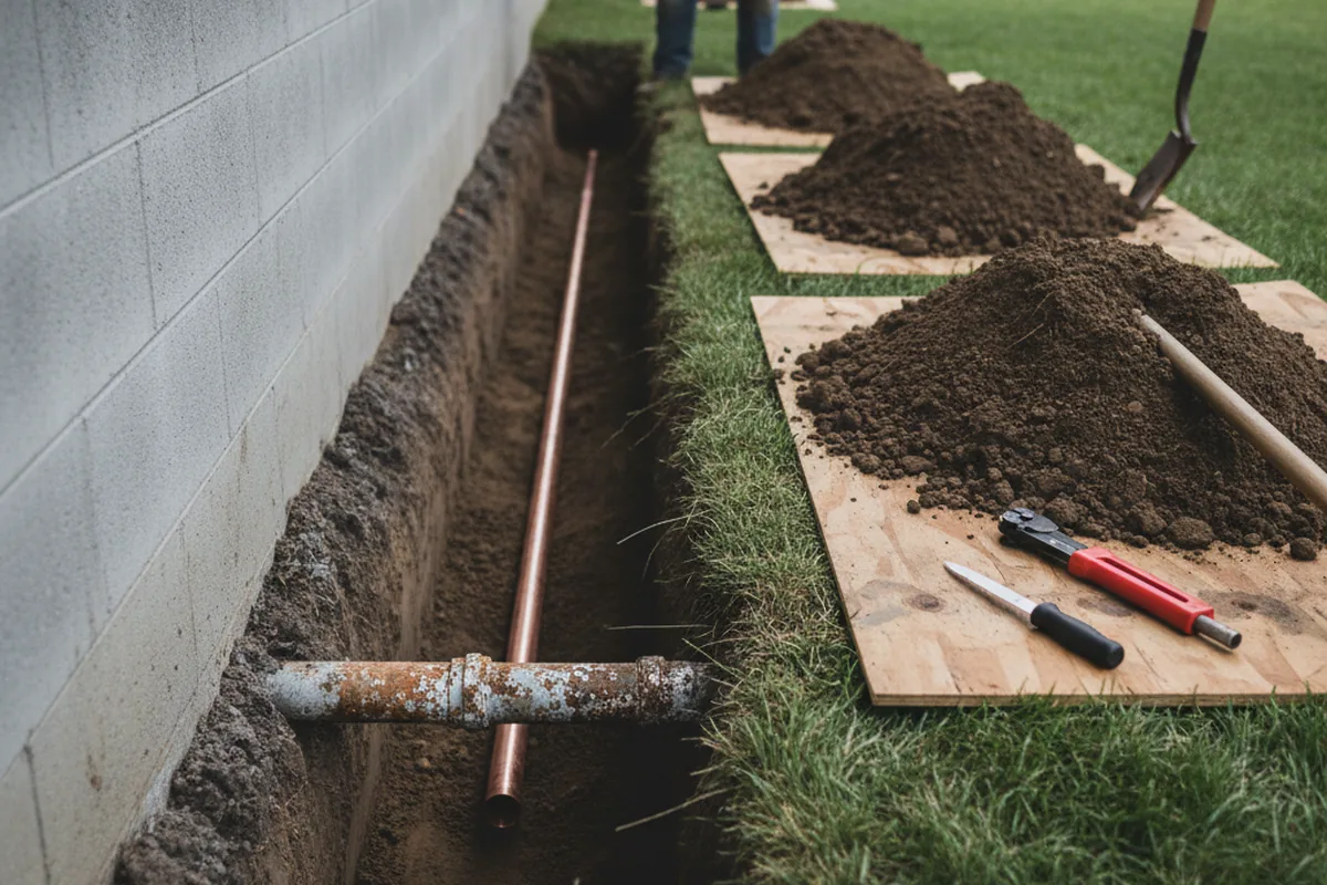 Excavated water line trench during Sewer Line Repair in Valley Lee